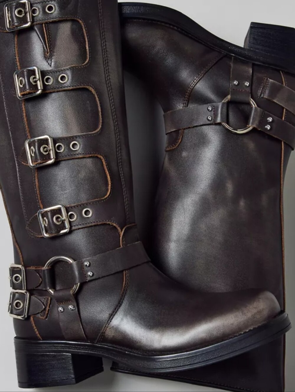 Steve Madden Dark Brown Leather Harness Boots with Buckles